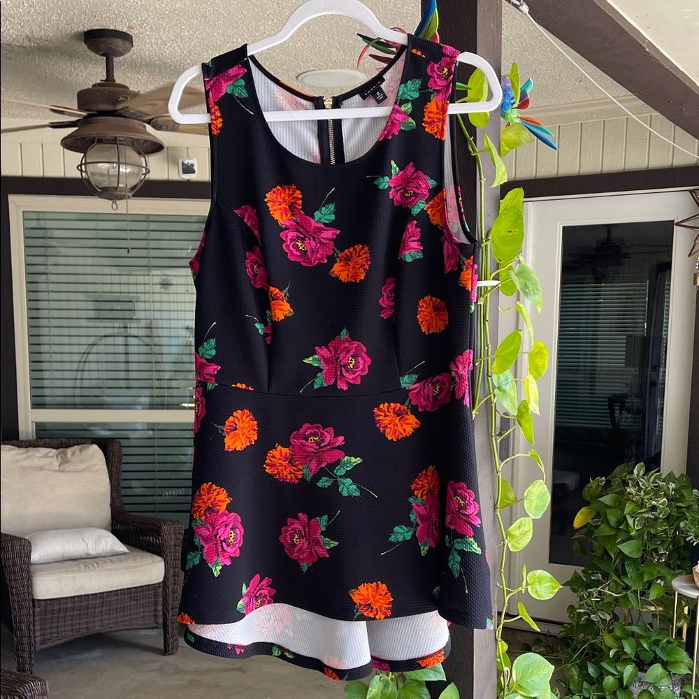 Torrid floral highlo peplum style top - Black with Pink and Orange Flowers